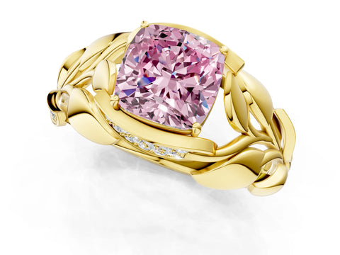 Yellow gold Fancy Pink Cushion Cut Solitaire Leaf-Inspired Engagement Ring with Prong Setting_1