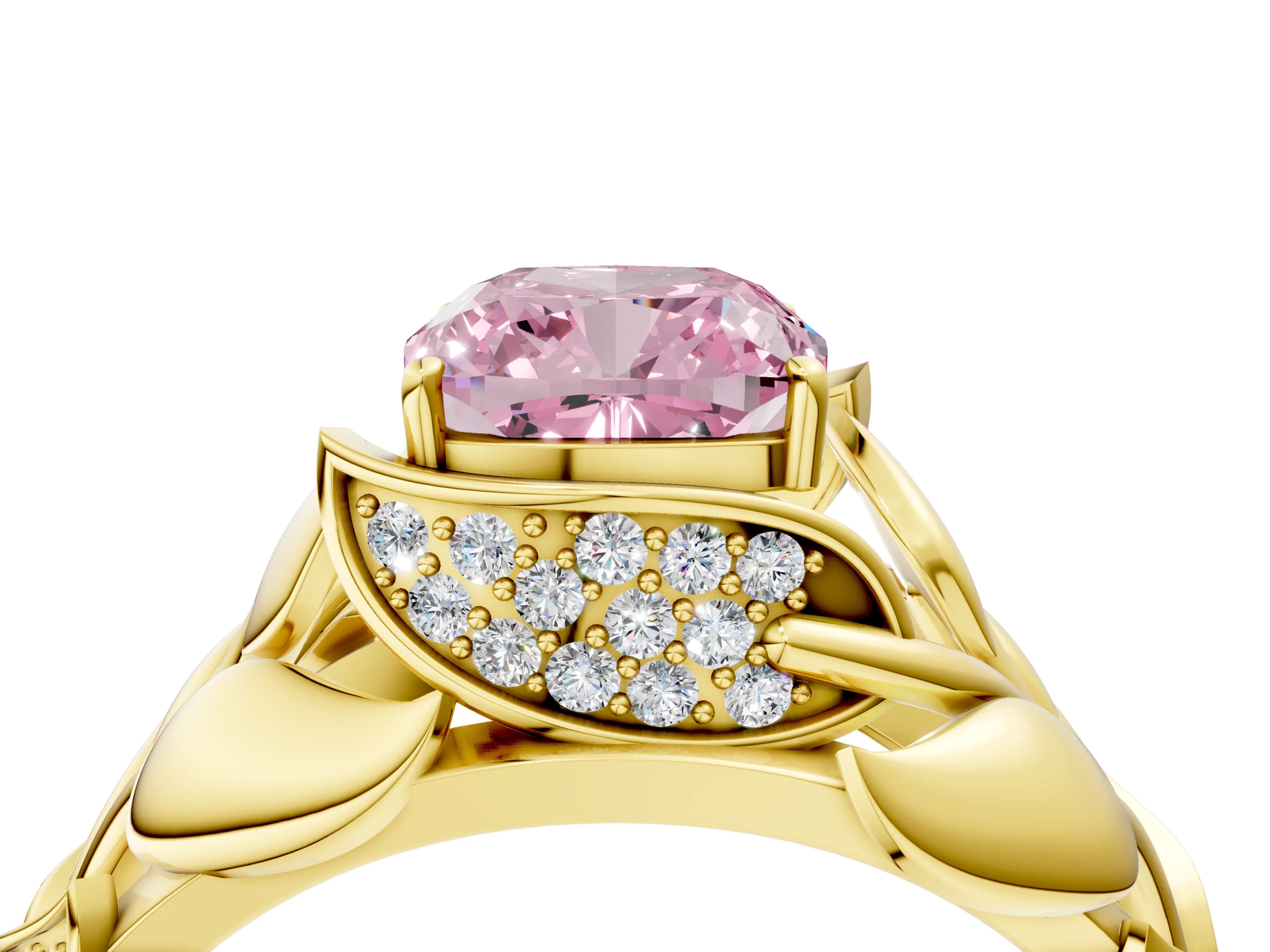 Yellow gold Fancy Pink Cushion Cut Solitaire Leaf-Inspired Engagement Ring with Prong Setting_4