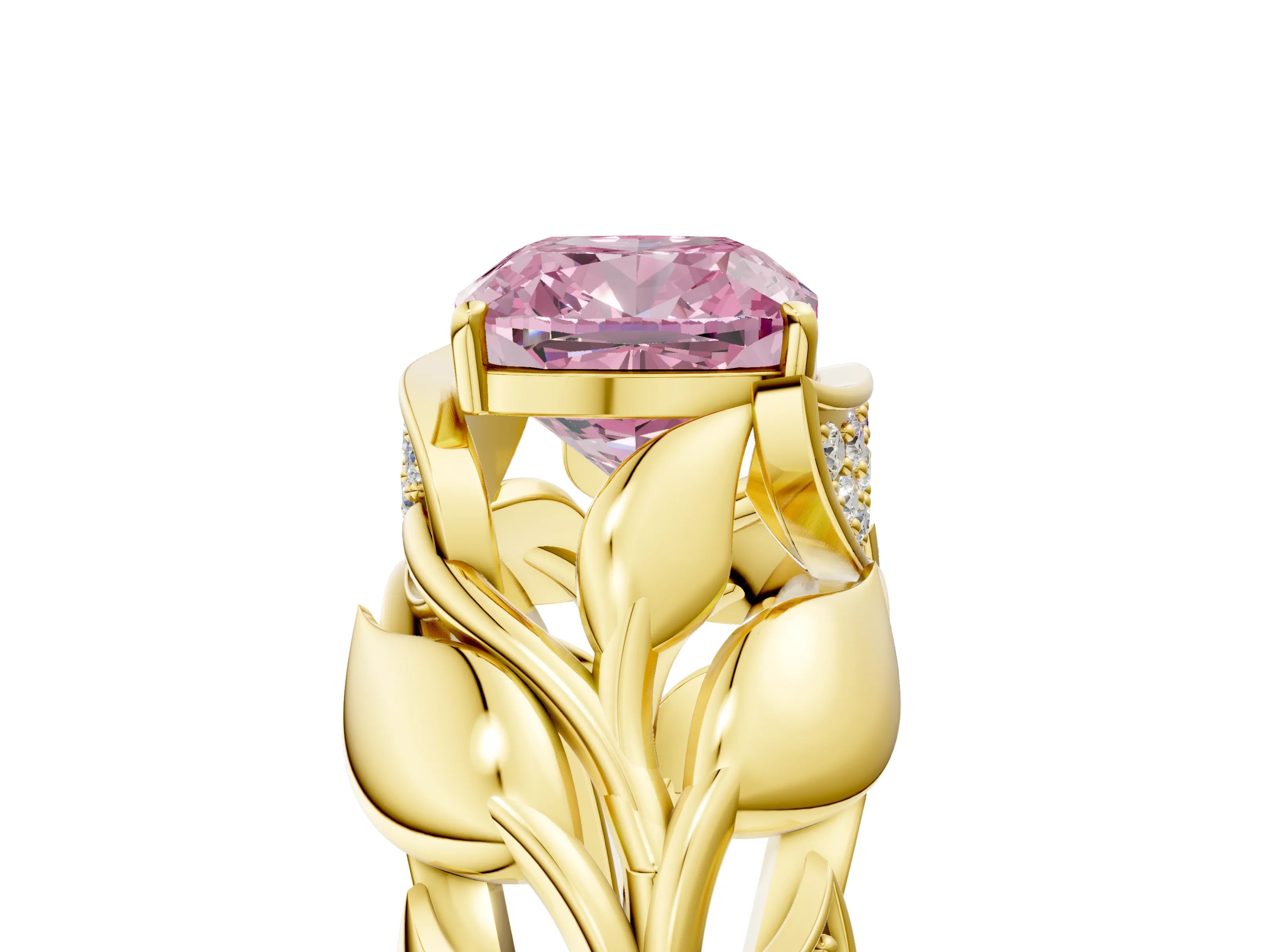 Yellow gold Fancy Pink Cushion Cut Solitaire Leaf-Inspired Engagement Ring with Prong Setting_5