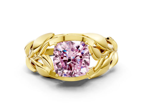 Yellow gold Fancy Pink Cushion Cut Solitaire Leaf-Inspired Engagement Ring with Prong Setting