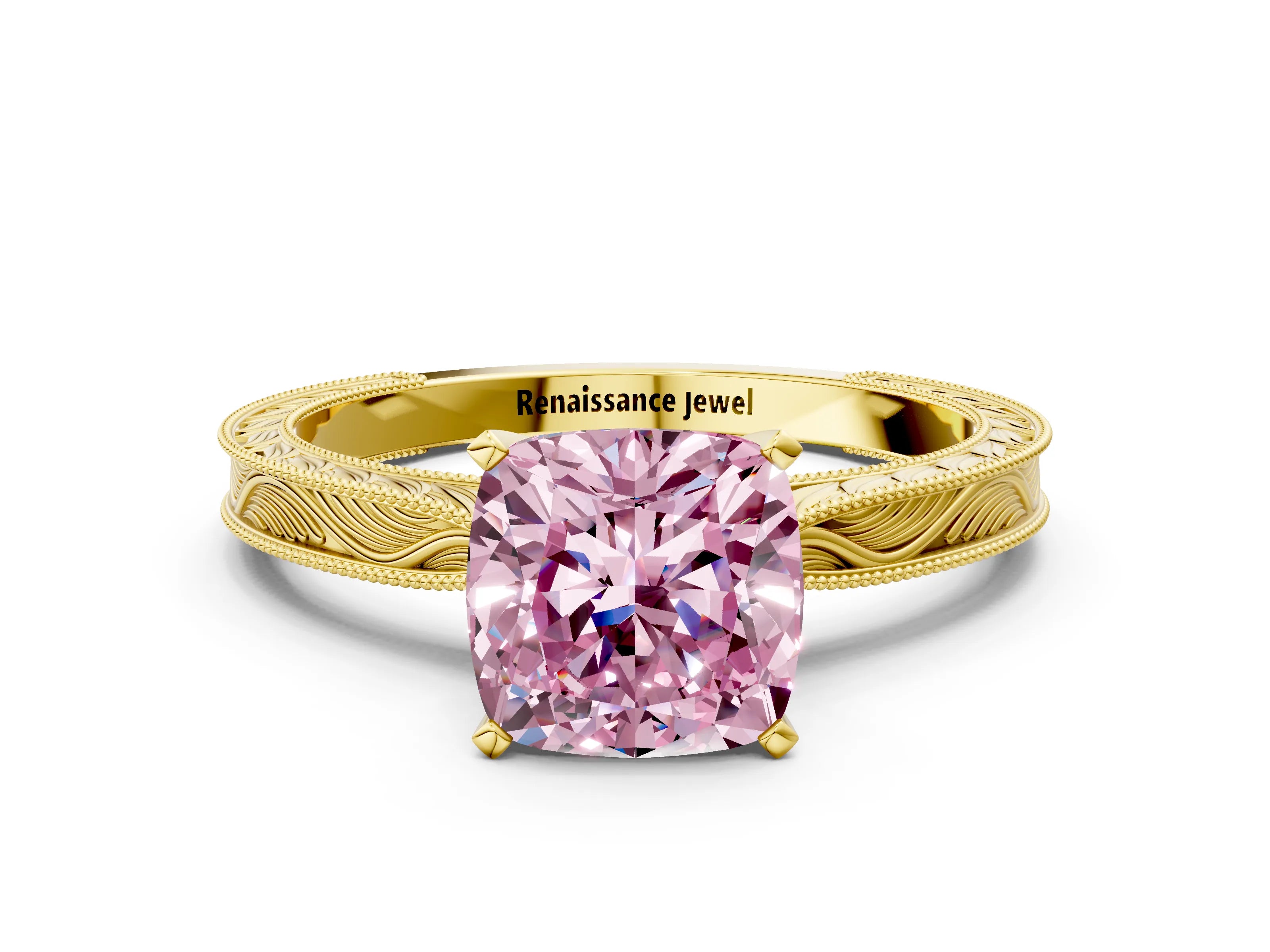 Yellow gold Fancy Pink Cushion Cut Solitaire Milgrain Engraved Band with Four-Prong Setting