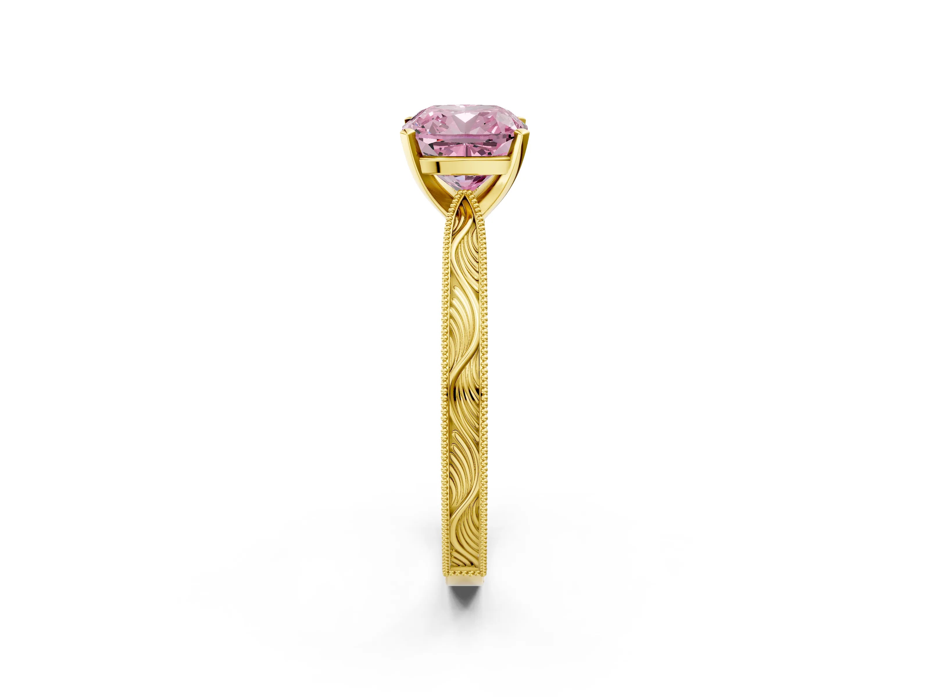 Yellow gold Fancy Pink Cushion Cut Solitaire Milgrain Engraved Band with Four-Prong Setting_2