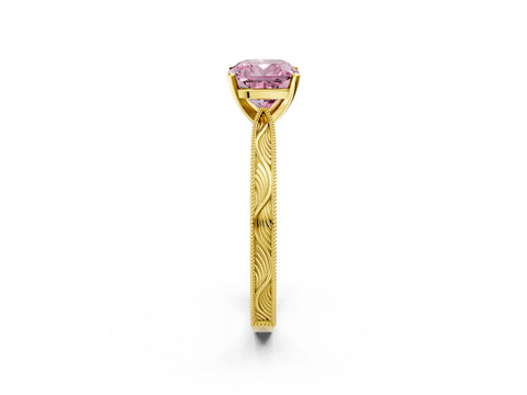 Yellow gold Fancy Pink Cushion Cut Solitaire Milgrain Engraved Band with Four-Prong Setting_2