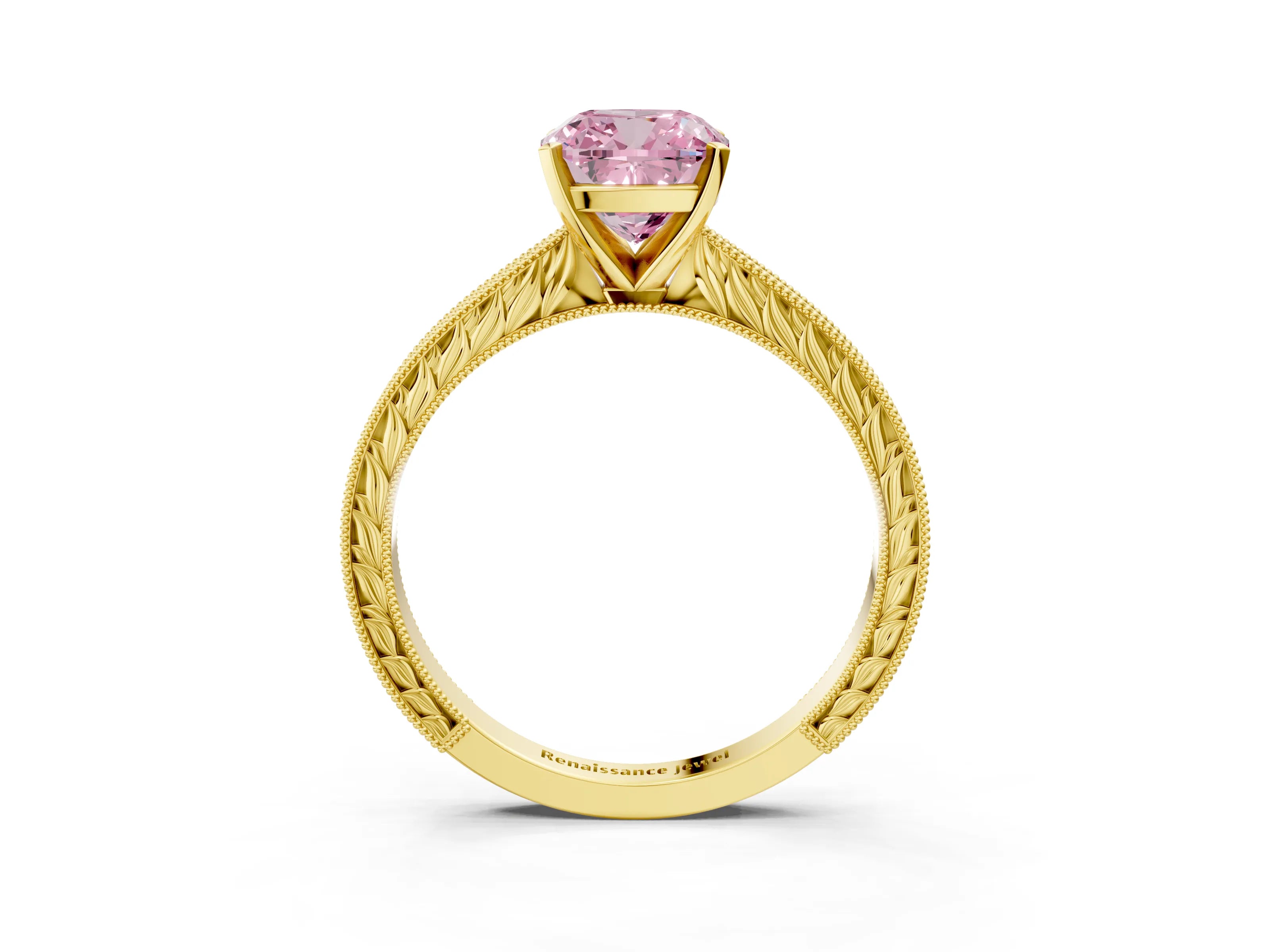 Yellow gold Fancy Pink Cushion Cut Solitaire Milgrain Engraved Band with Four-Prong Setting_3