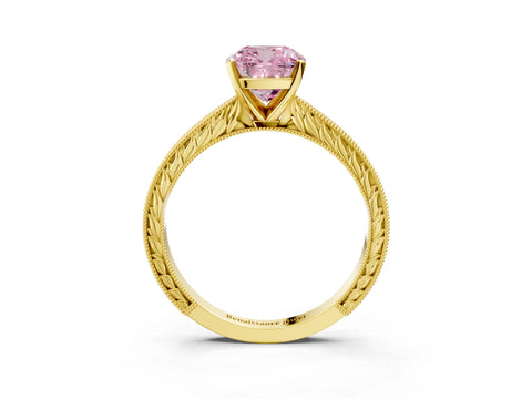 Yellow gold Fancy Pink Cushion Cut Solitaire Milgrain Engraved Band with Four-Prong Setting_3