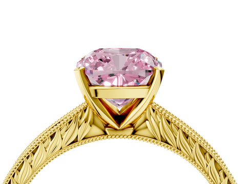 Yellow gold Fancy Pink Cushion Cut Solitaire Milgrain Engraved Band with Four-Prong Setting_4