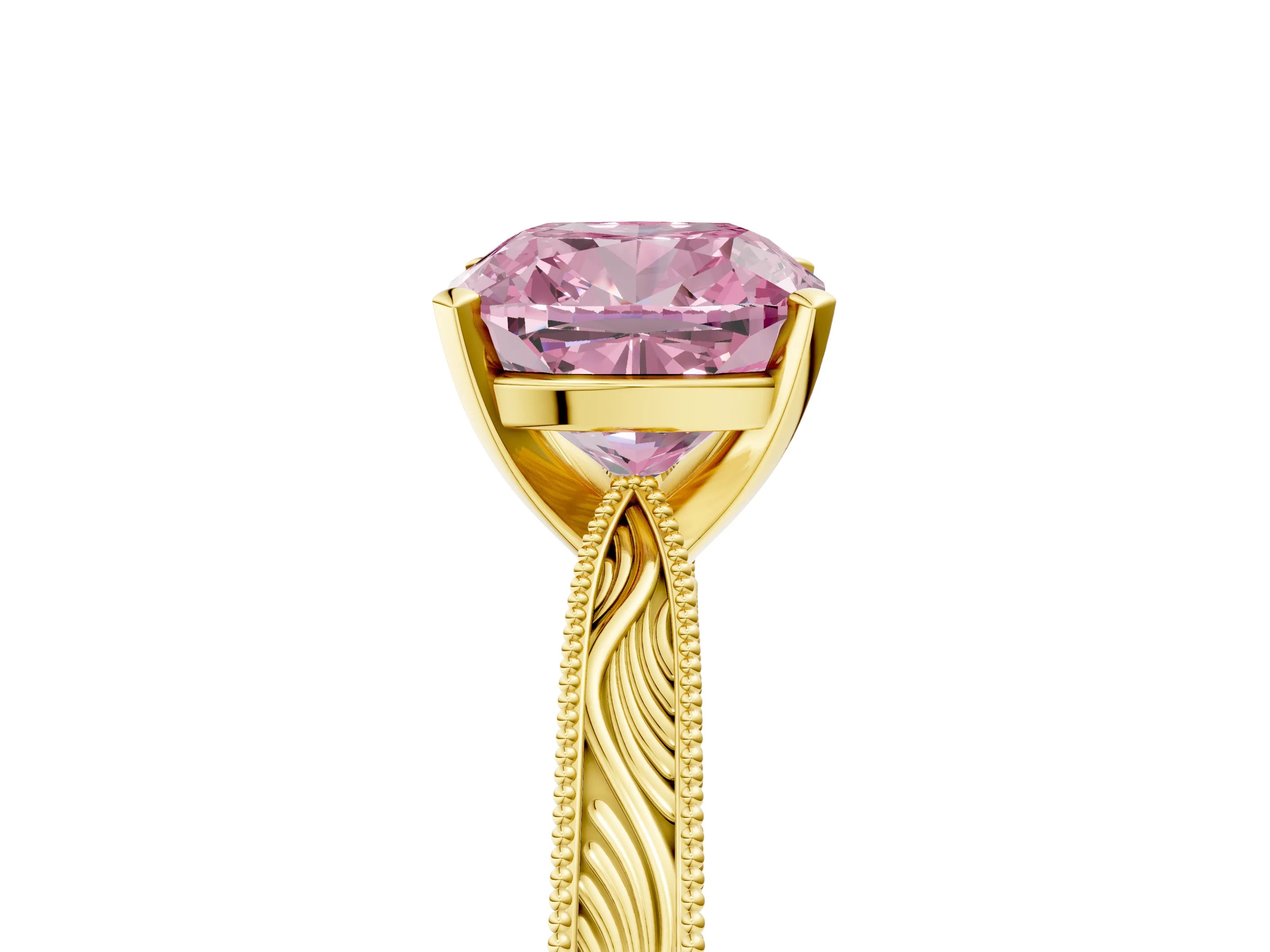 Yellow gold Fancy Pink Cushion Cut Solitaire Milgrain Engraved Band with Four-Prong Setting_5