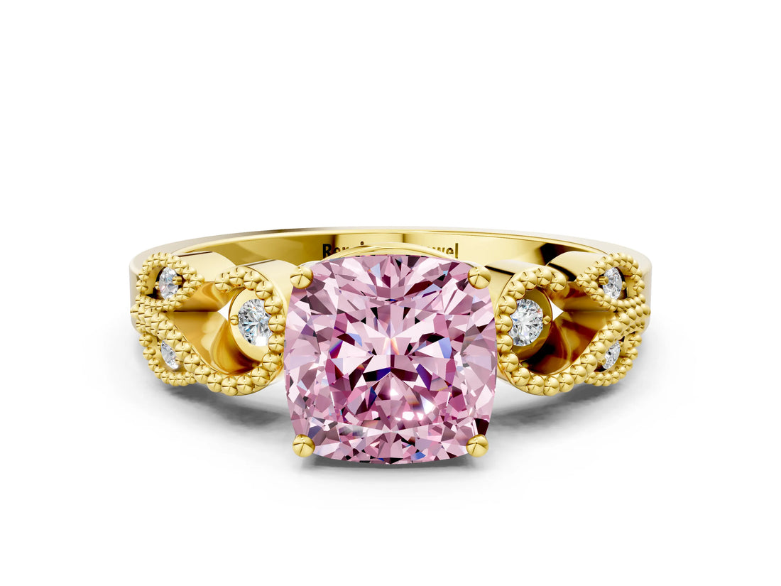 Yellow gold Fancy Pink Cushion Cut Solitaire Milgrain Leaf Band with Prong Setting