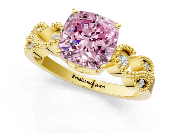 Yellow gold Fancy Pink Cushion Cut Solitaire Milgrain Leaf Band with Prong Setting