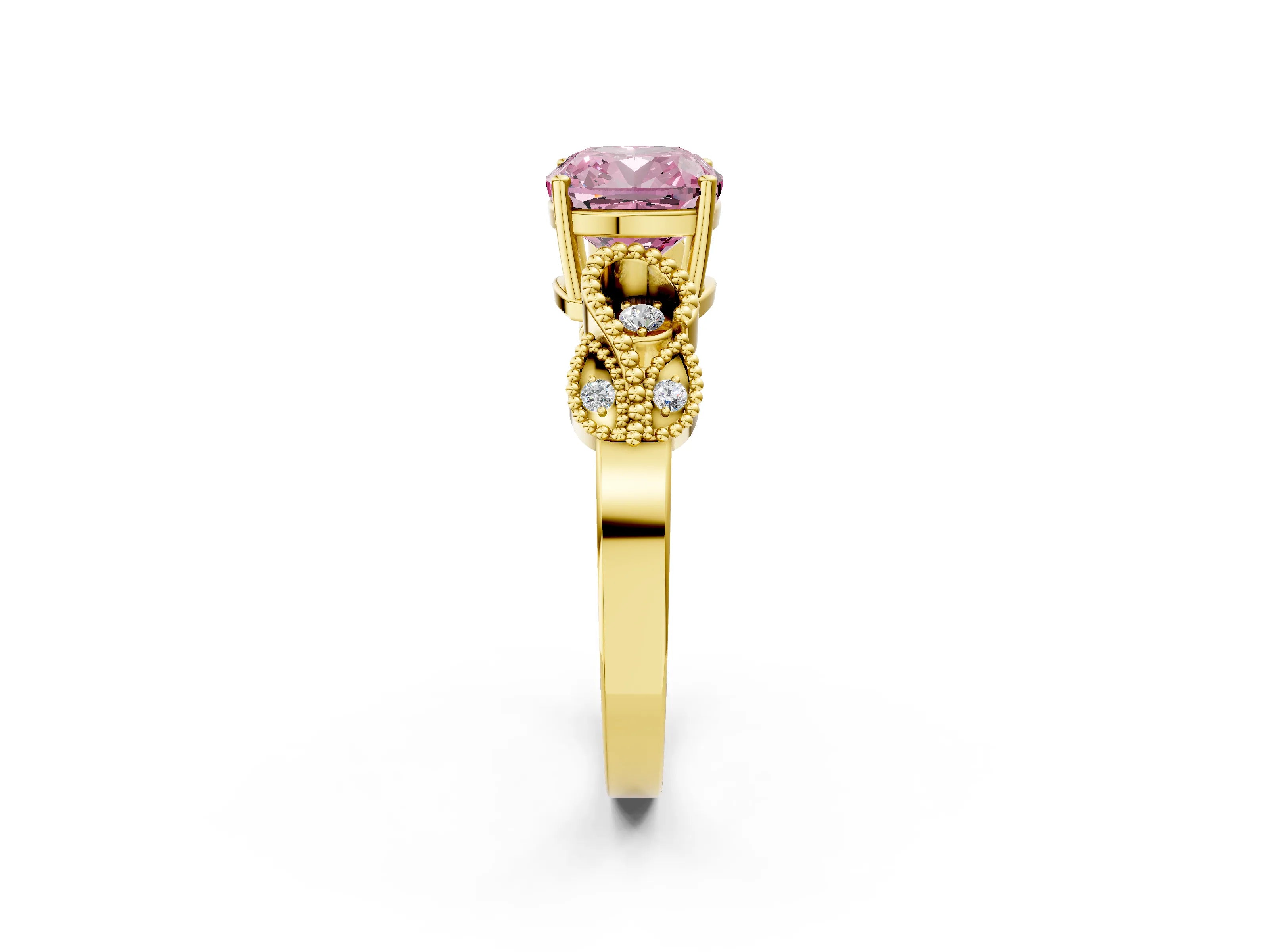 Yellow gold Fancy Pink Cushion Cut Solitaire Milgrain Leaf Band with Prong Setting_2