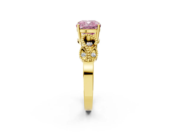Yellow gold Fancy Pink Cushion Cut Solitaire Milgrain Leaf Band with Prong Setting