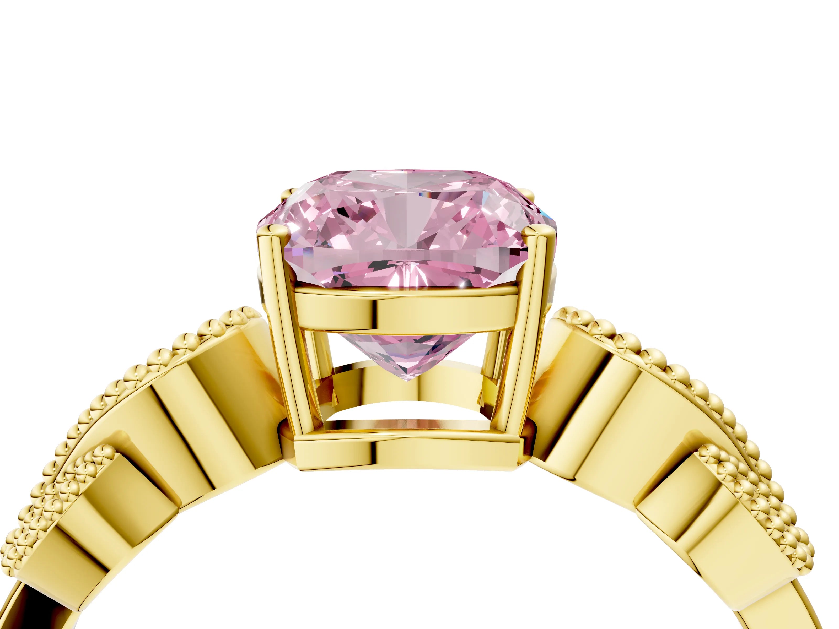 Yellow gold Fancy Pink Cushion Cut Solitaire Milgrain Leaf Band with Prong Setting_4