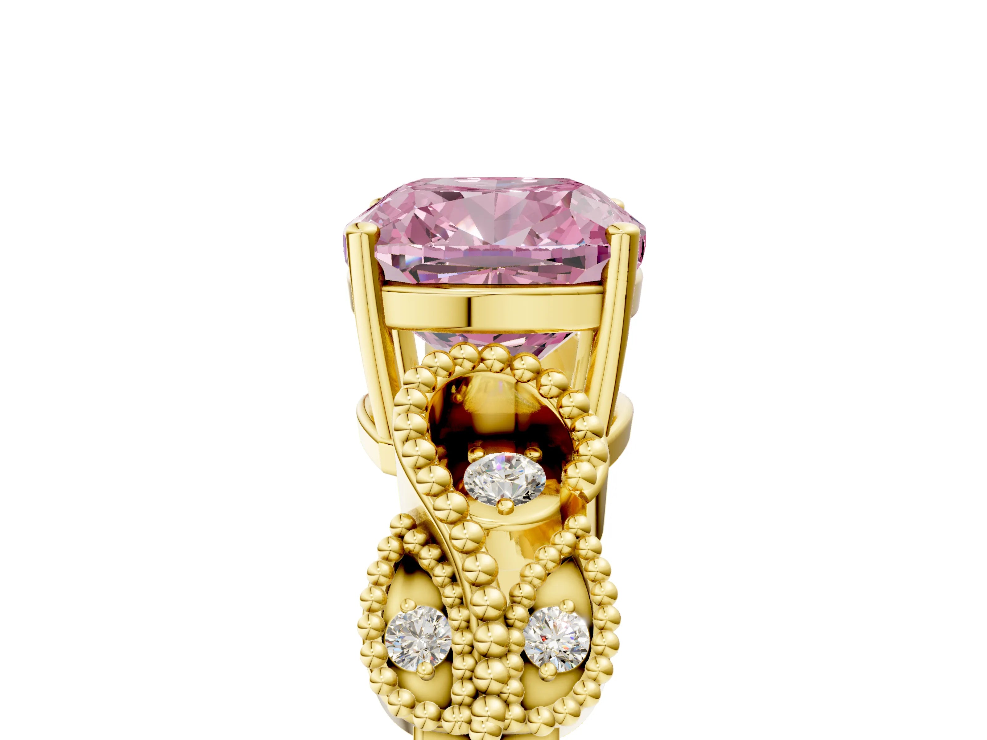 Yellow gold Fancy Pink Cushion Cut Solitaire Milgrain Leaf Band with Prong Setting_5