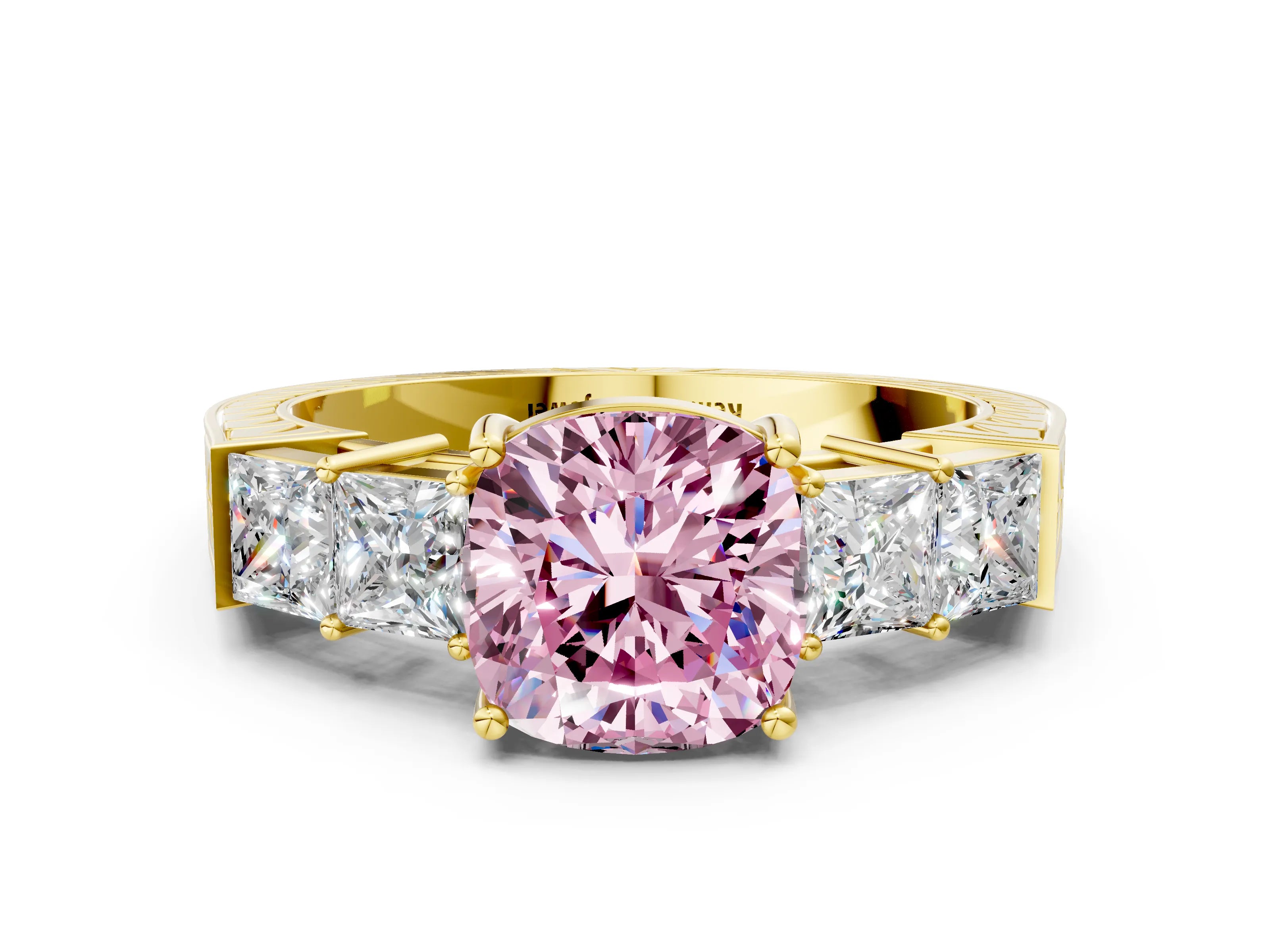 Yellow gold Fancy Pink Cushion Cut Solitaire Princess Side Stone Engraved Band Prong Setting Ring