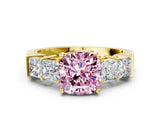 Yellow gold Fancy Pink Cushion Cut Solitaire Princess Side Stone Engraved Band Prong Setting Ring