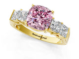 Yellow gold Fancy Pink Cushion Cut Solitaire Princess Side Stone Engraved Band Prong Setting Ring_1
