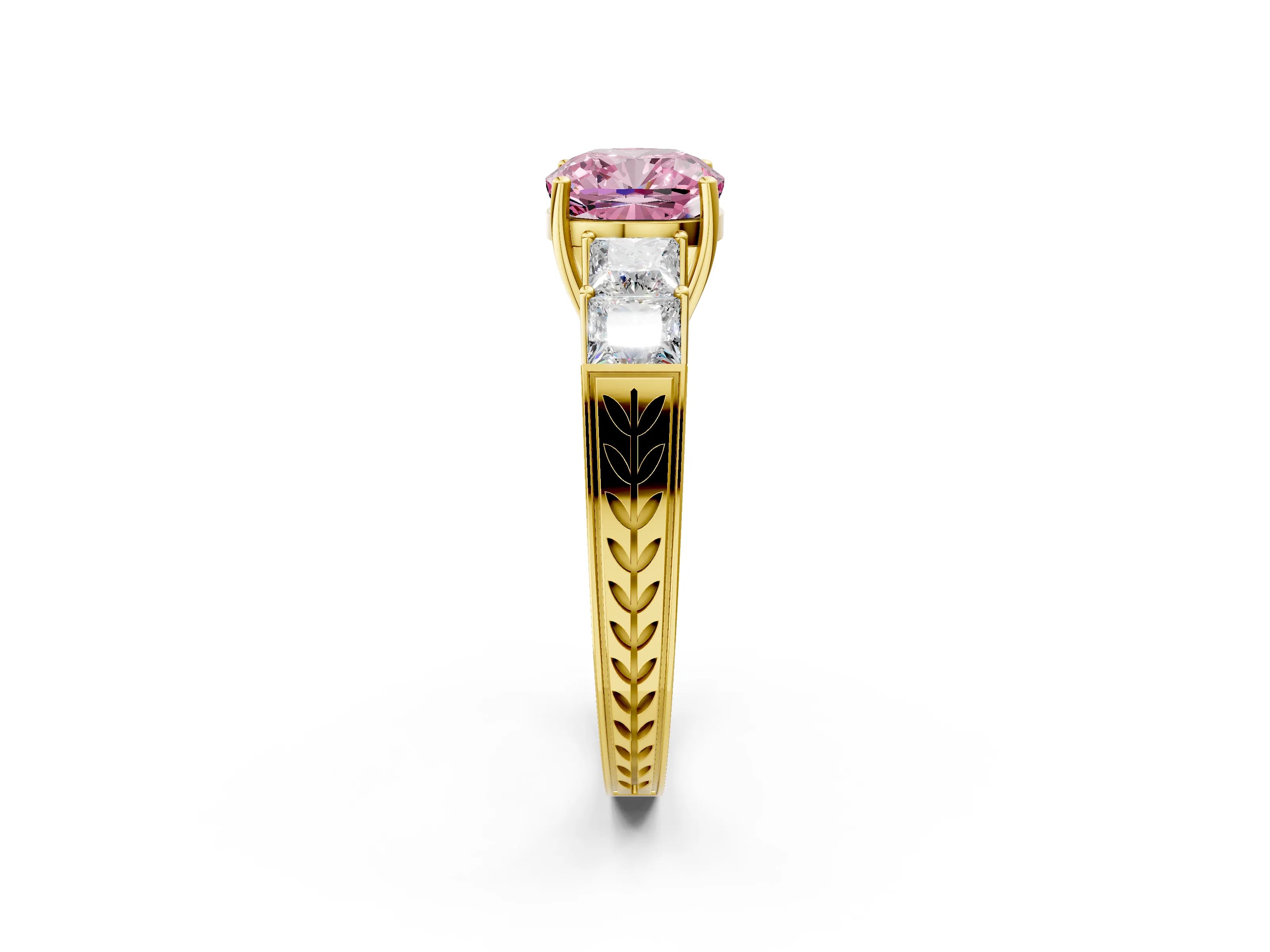 Yellow gold Fancy Pink Cushion Cut Solitaire Princess Side Stone Engraved Band Prong Setting Ring_2