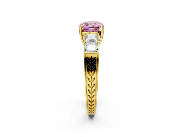 Yellow gold Fancy Pink Cushion Cut Solitaire Princess Side Stone Engraved Band Prong Setting Ring
