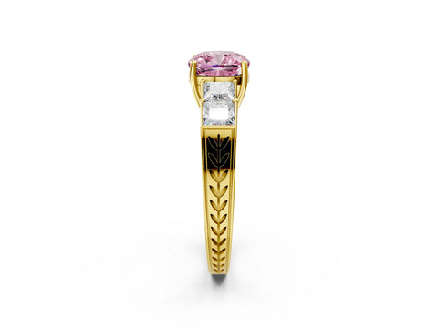Yellow gold Fancy Pink Cushion Cut Solitaire Princess Side Stone Engraved Band Prong Setting Ring_2
