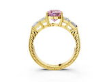 Yellow gold Fancy Pink Cushion Cut Solitaire Princess Side Stone Engraved Band Prong Setting Ring_3
