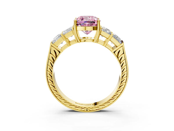 Yellow gold Fancy Pink Cushion Cut Solitaire Princess Side Stone Engraved Band Prong Setting Ring