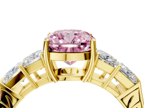 Yellow gold Fancy Pink Cushion Cut Solitaire Princess Side Stone Engraved Band Prong Setting Ring_4