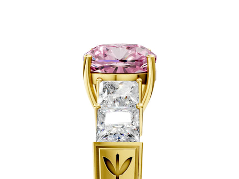 Yellow gold Fancy Pink Cushion Cut Solitaire Princess Side Stone Engraved Band Prong Setting Ring_5