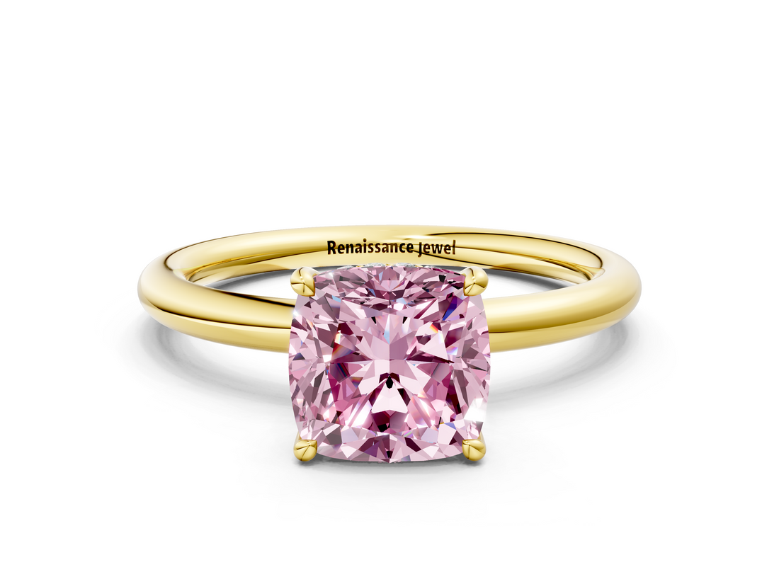 Yellow gold Fancy Pink Cushion  Cut Solitaire Ring with Thin Band and Four-Prong Setting_16