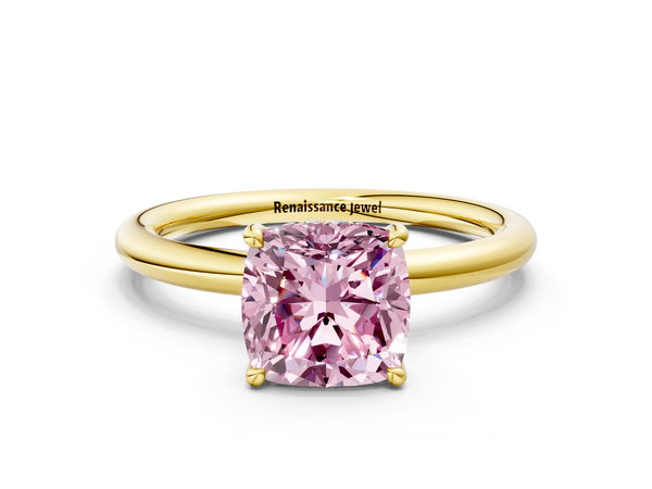 Yellow gold Fancy Pink Cushion Cut Diamond Solitaire Ring with Thin Band and Four-Prong Setting