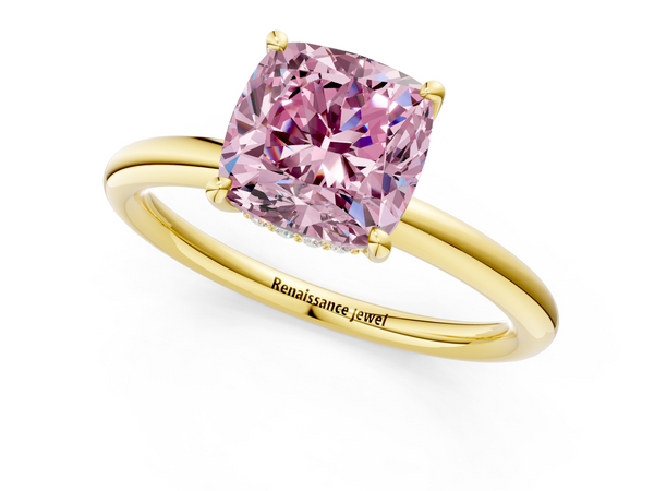 Yellow gold Fancy Pink Cushion Cut Diamond Solitaire Ring with Thin Band and Four-Prong Setting