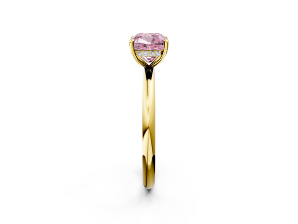 Yellow gold Fancy Pink Cushion Cut Diamond Solitaire Ring with Thin Band and Four-Prong Setting