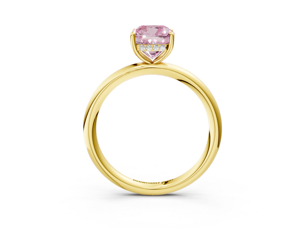 Yellow gold Fancy Pink Cushion Cut Diamond Solitaire Ring with Thin Band and Four-Prong Setting