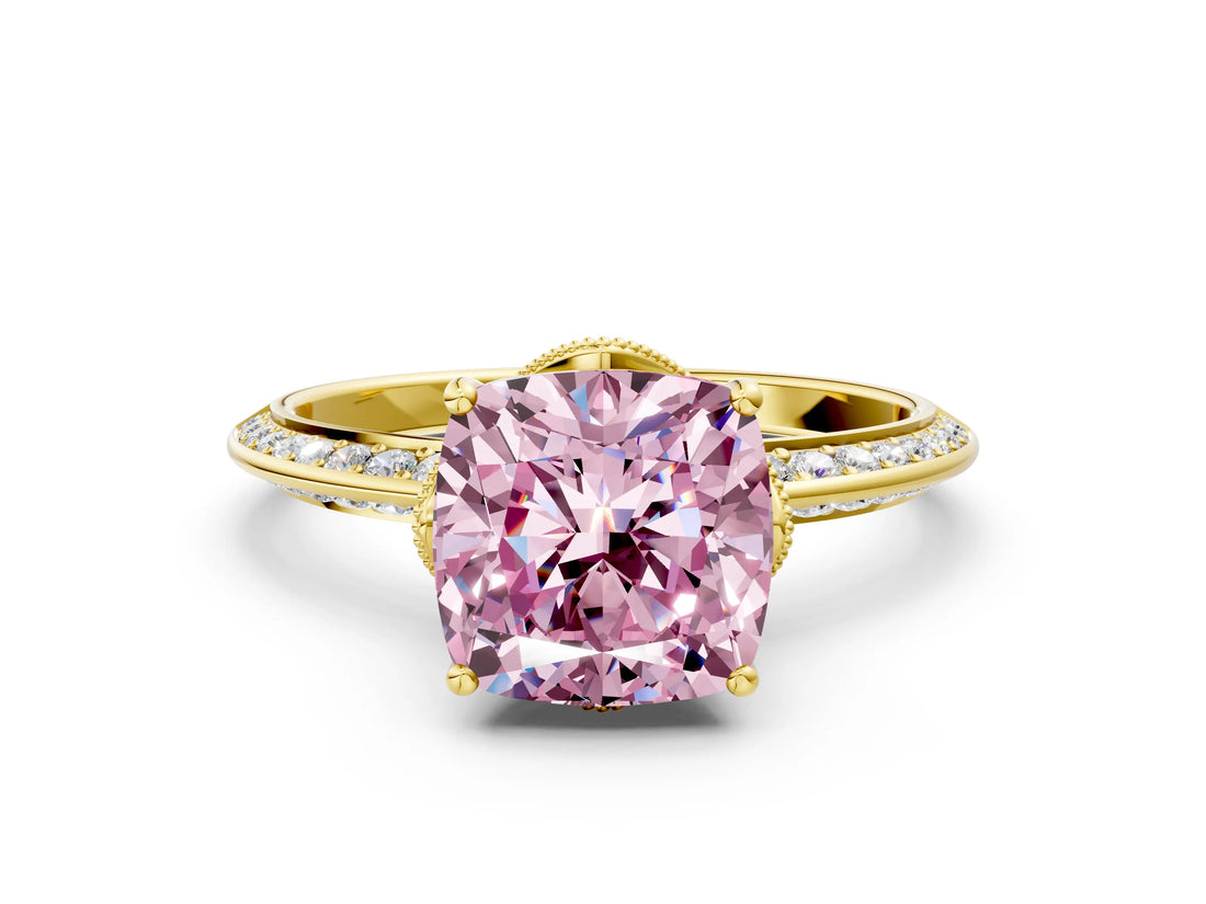 Yellow gold Fancy Pink Cushion Cut Solitaire Split Shank Pave Diamond Engagement Ring with Four-Prong Setting