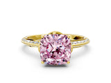 Yellow gold Fancy Pink Cushion Cut Solitaire Split Shank Pave Diamond Engagement Ring with Four-Prong Setting