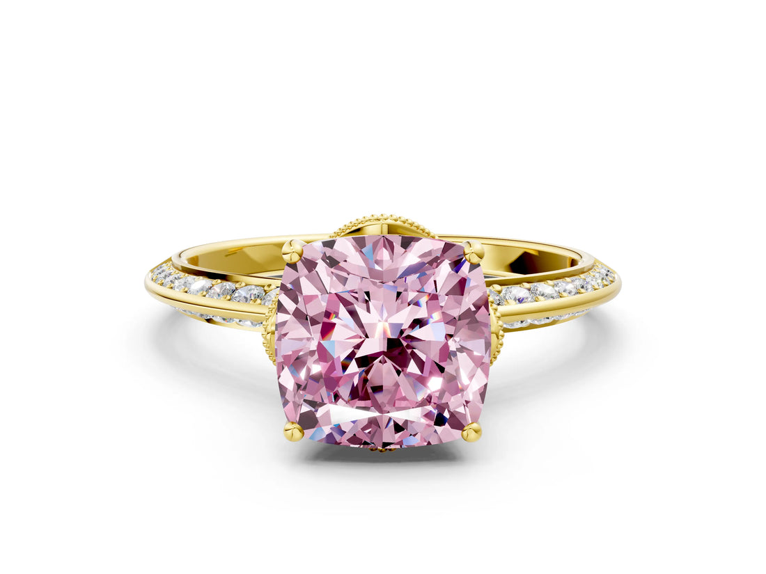 Yellow gold Fancy Pink Cushion Cut Solitaire Split Shank Pave Diamond Engagement Ring with Four-Prong Setting_24