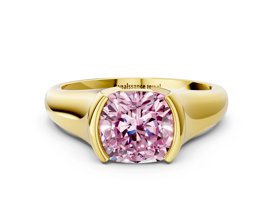 Yellow gold Fancy Pink Cushion Cut Solitaire Tension Set Diamond Ring with Split Shank Band