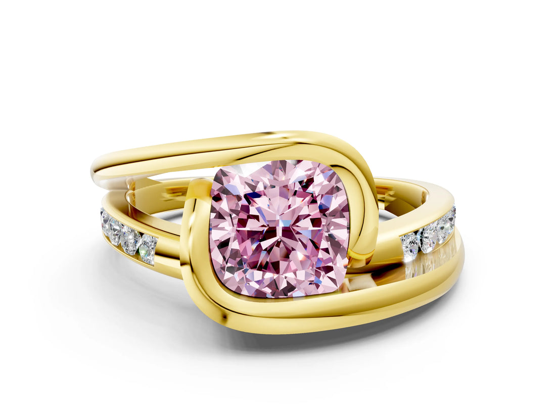 Yellow gold Fancy Pink Cushion Cut Solitaire Tension-Set Diamond Split Shank Ring