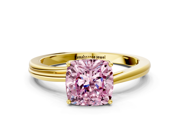 Yellow gold Fancy Pink Cushion  Cut Solitaire Twist Band Ring with Four-Prong Setting