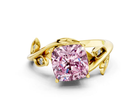 Yellow gold Fancy Pink Cushion Cut Solitaire Twist Engagement Ring with Leaf Accents and Prong Setting_12
