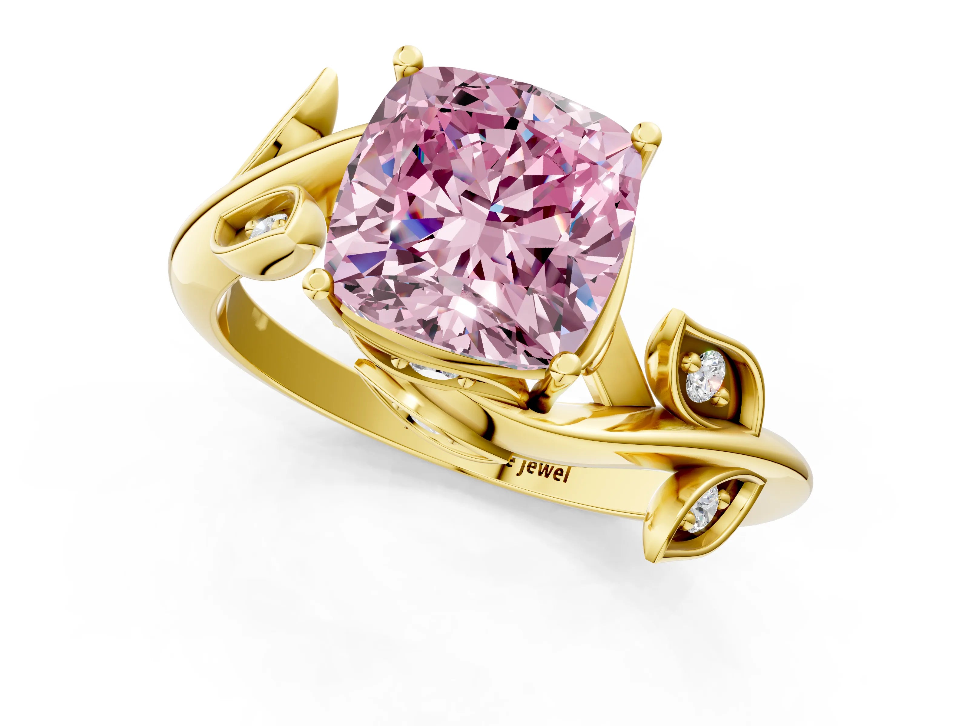 Yellow gold Fancy Pink Cushion Cut Solitaire Twist Engagement Ring with Leaf Accents and Prong Setting_13