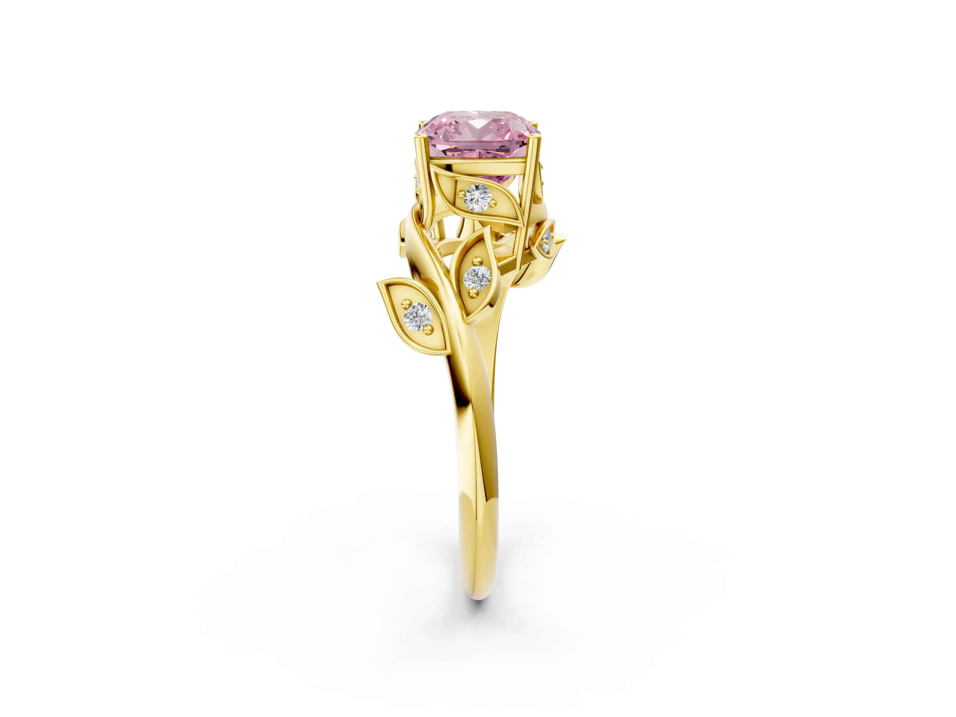 Yellow gold Fancy Pink Cushion Cut Solitaire Twist Engagement Ring with Leaf Accents and Prong Setting_14