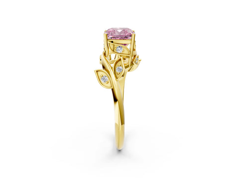Yellow gold Fancy Pink Cushion Cut Solitaire Twist Engagement Ring with Leaf Accents and Prong Setting_14