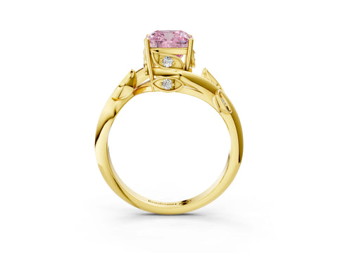 Yellow gold Fancy Pink Cushion Cut Solitaire Twist Engagement Ring with Leaf Accents and Prong Setting_15