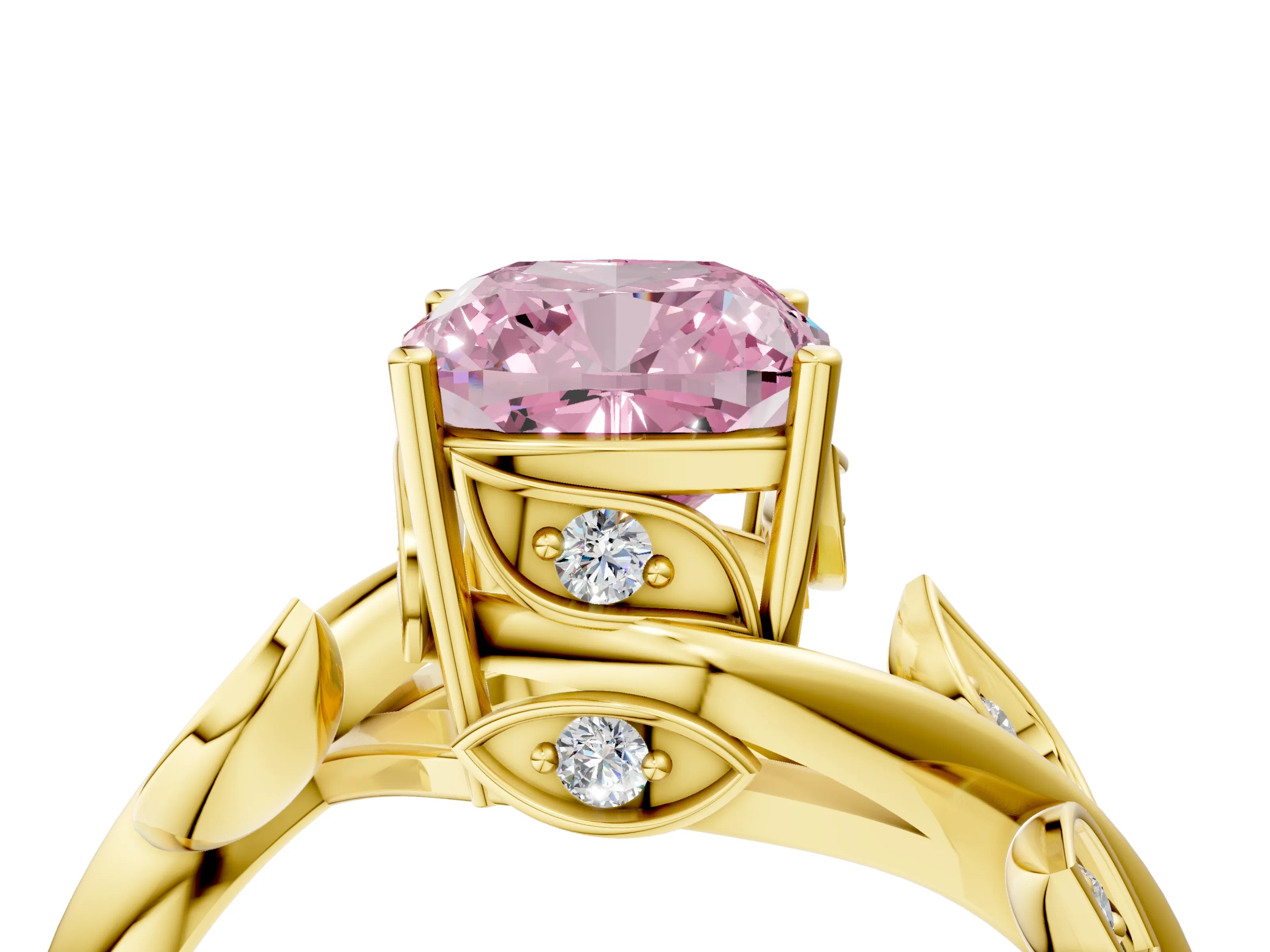 Yellow gold Fancy Pink Cushion Cut Solitaire Twist Engagement Ring with Leaf Accents and Prong Setting_16