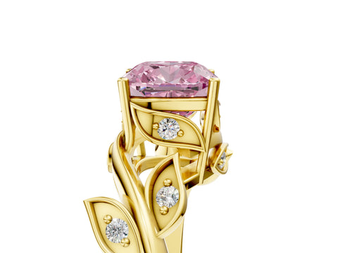 Yellow gold Fancy Pink Cushion Cut Solitaire Twist Engagement Ring with Leaf Accents and Prong Setting_17