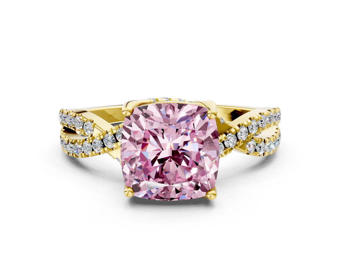 Yellow gold Fancy Pink Cushion Cut Solitaire Twist Pave Diamond Engagement Ring with Prong Setting