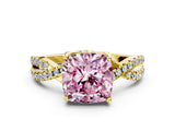 Yellow gold Fancy Pink Cushion Cut Solitaire Twist Pave Diamond Engagement Ring with Prong Setting
