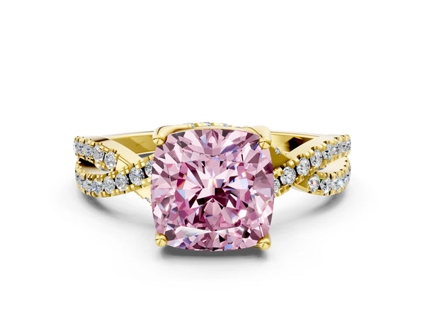 Yellow gold Fancy Pink Cushion Cut Solitaire Twist Pave Diamond Engagement Ring with Prong Setting