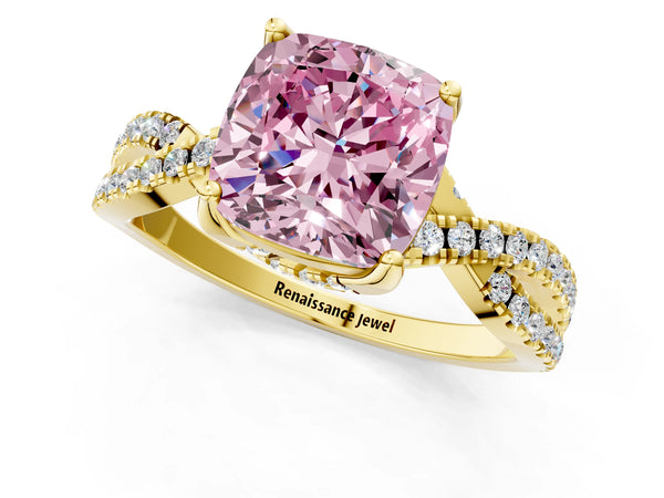 Yellow gold Fancy Pink Cushion Cut Solitaire Twist Pave Diamond Engagement Ring with Prong Setting