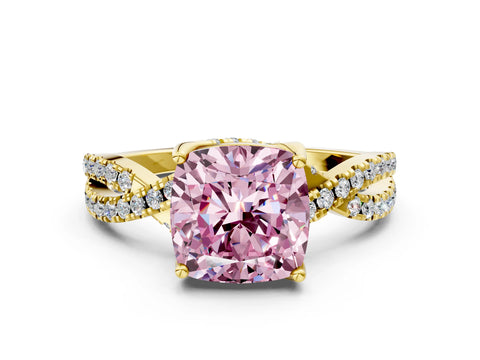 Yellow gold Fancy Pink Cushion Cut Solitaire Twist Pave Diamond Engagement Ring with Prong Setting_24